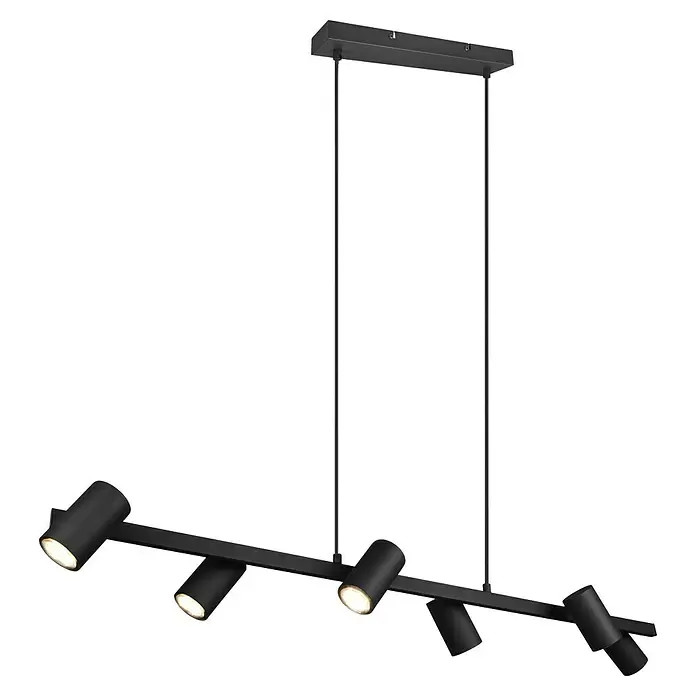 Trio Leuchten Marley Pendelleuchte - 210 W, L x B x H: 18 x 115 x 150 cm, Schwarz, GU10, Anzahl Leuchtmittel: 6 Stk. - Schwarze lineare Pendelleuchte mit fünf verstellbaren Strahlern, von einer rechteckigen Deckenbasis abgehängt.