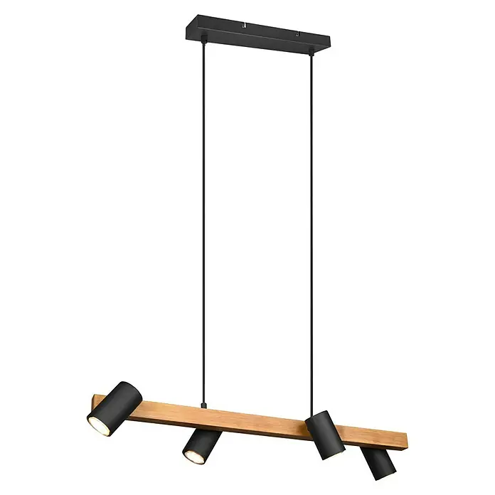 Trio Leuchten Marley Pendelleuchte - 140 W, L x B x H: 20 x 80 x 150 cm, Schwarz/Holz, GU10, Anzahl Leuchtmittel: 4 Stk. - Moderne Pendelleuchte mit Holzbalken und schwarzen Strahlern für eine stilvolle Beleuchtung im Wohnraum. Elegantes Design und hochwertige Materialien.