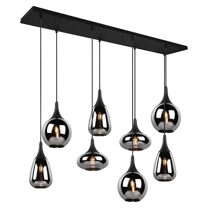 Trio Leuchten Lumina Pendelleuchte - 8 Stk., 320 W, L x B x H: 34,5 x 121 x 150 cm, Chrom, Schwarz, E14 - Moderne Hängelampe mit schwarzem Balken, sieben Rauchglas-Schirmen in verschiedenen Formen und beleuchteten Edison-Glühbirnen.