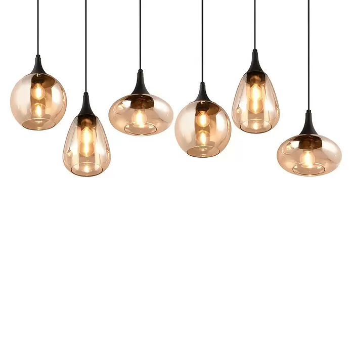Trio Leuchten Lumina Pendelleuchte - 6 Stk., 240 W, L x B x H: 34,5 x 93,8 x 150 cm, Amber, Schwarz, E14 - Sechs moderne Pendelleuchten mit bernsteinfarbenen Glasschirmen und schwarzen Aufhängungen an Kabeln hängend.