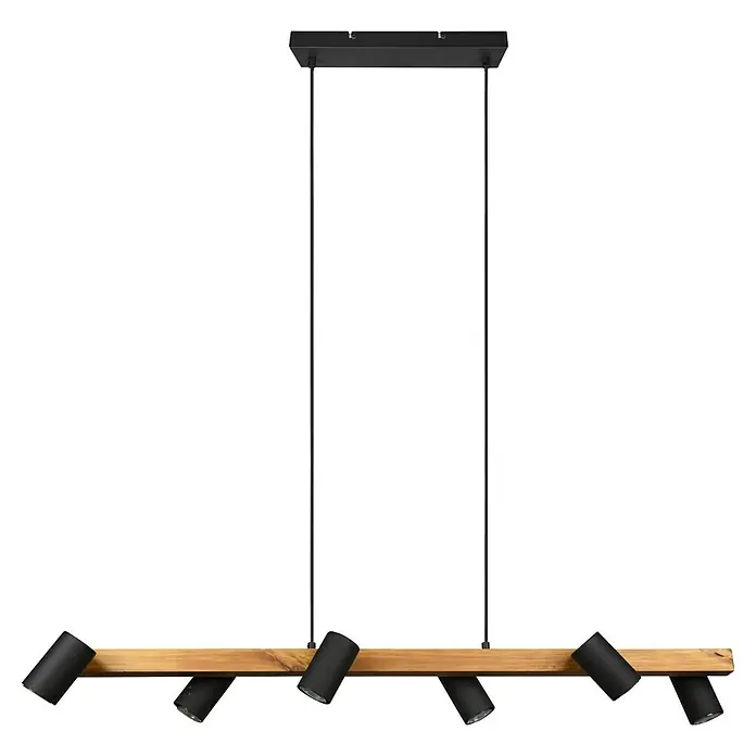 Trio Leuchten Marley Pendelleuchte - 210 W, L x B x H: 20 x 115 x 150 cm, Schwarz/Holz, GU10, Anzahl Leuchtmittel: 6 Stk. - Moderne Hängeleuchte mit sechs Strahlern an einem Holzträger, ideal für stilvolle Beleuchtung in jedem Raum.