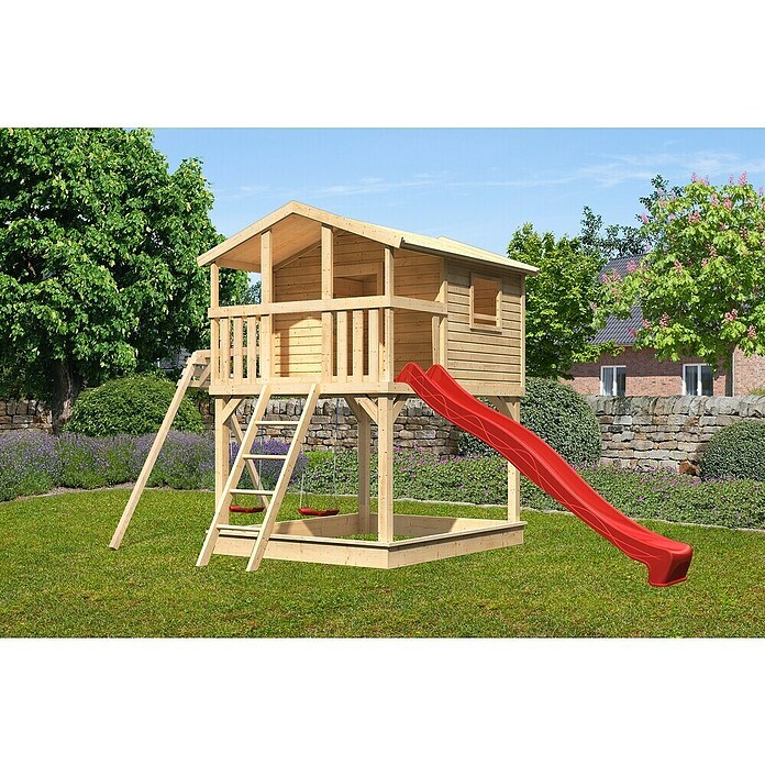 Karibu Kinderspielturm Benjamin (L x B x H: 244 x 198 x 309 cm, Naturbelassen, Mit roter Rutsche) | BAUHAUS