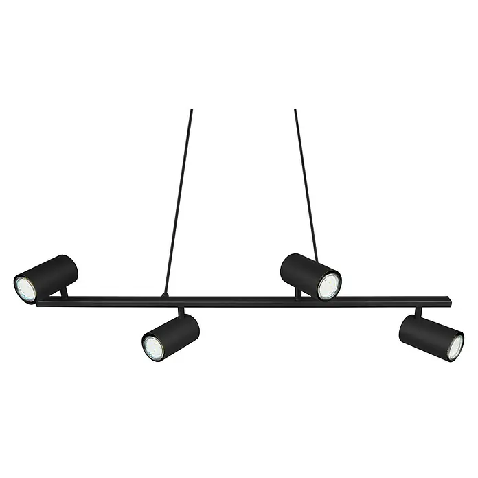 Trio Leuchten Marley Pendelleuchte - 140 W, L x B x H: 18 x 80 x 150 cm, Schwarz, GU10, Anzahl Leuchtmittel: 4 Stk. - Moderne schwarze Hängelampe mit vier Strahlern, ideal für Wohn- und Essbereiche. Das elegante Design sorgt für eine angenehme Beleuchtung.