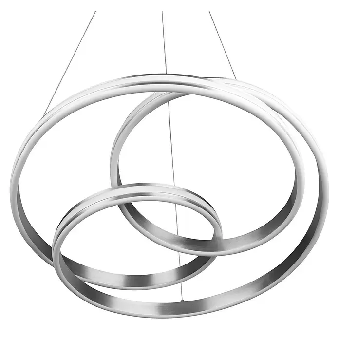 Trio Leuchten Nuria LED-Pendelleuchte rund - 60 W, Ø x H: 60 x 150 cm, Nickel, Mehrfarbig - Moderne silberne Pendelleuchte mit drei ineinandergreifenden Metallringen und integrierten LED-Streifen, an dünnen Drähten aufgehängt.