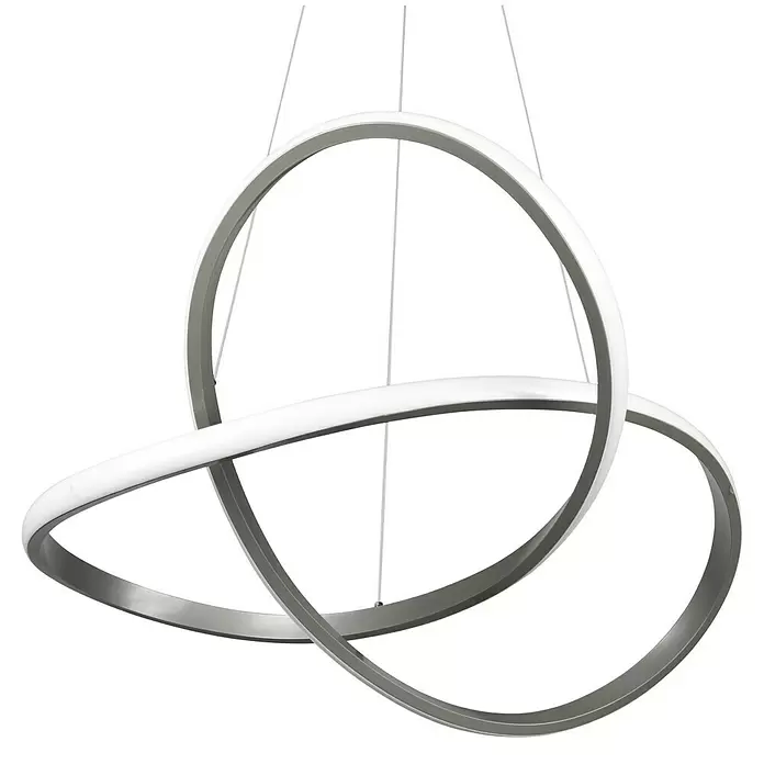 Reality Leuchten Course LED-Pendelleuchte - 27 W, Nickel, Neutralweiß - Moderne silberfarbene LED-Pendelleuchte mit zwei ineinandergreifenden Ringen, einer beleuchtet.