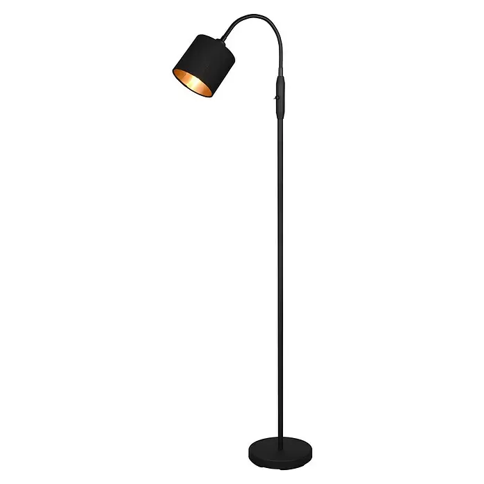 Reality Leuchten Tommy Stehleuchte - 40 W, Höhe: 130 cm, Schwarz/Gold, E14, 1 Stk. - Schwarze Stehlampe mit flexiblem Arm, goldfarbenem Schirm innen, der warmes Licht abgibt, und rundem Fuß.