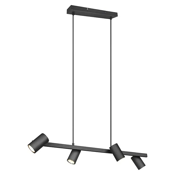 Trio Leuchten Marley Pendelleuchte - 140 W, L x B x H: 18 x 80 x 150 cm, Schwarz, GU10, Anzahl Leuchtmittel: 4 Stk. - Elegante schwarze Hängelampe mit vier Strahlern, die ein modernes Ambiente schaffen und jeden Raum stilvoll beleuchten.