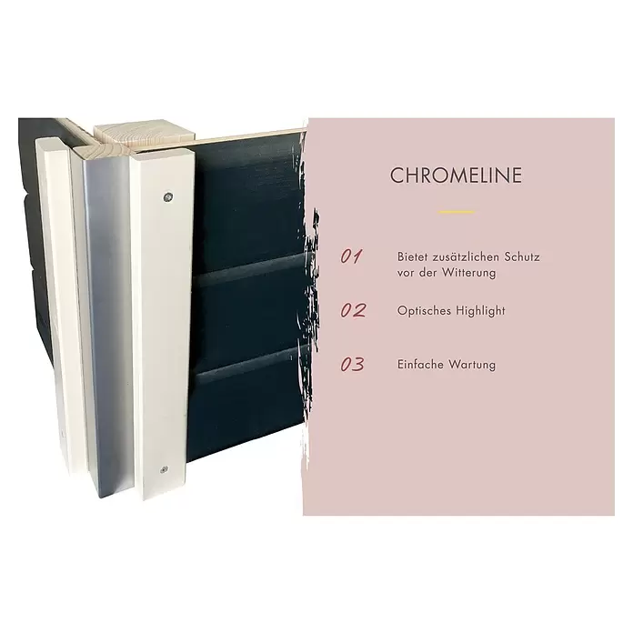 Karibu Saunahaus Danga - 9 kW Saunaofen mit externer Steuerung, Terragrau, L x B x H: 231 x 396 x 227 cm - Eckdetail einer dunkelblauen Fassadenverkleidung mit heller Zierleiste und silbernem Metallschutzprofil.
