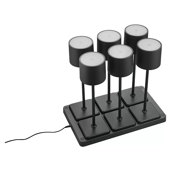 Reality Leuchten Akku-Tischleuchte FERNANDEZ + Ladestation - 6 W, L x B x H: 26 x 42,6 x 40 cm, Schwarz, Mehrfarbig - Set aus sechs schwarzen modularen LED-Leuchten mit weißen Oberseiten auf rechteckiger Basis, verbunden durch ein schwarzes Kabel.