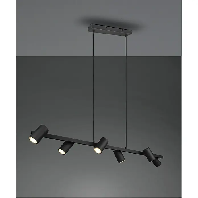 Trio Leuchten Marley Pendelleuchte - 210 W, L x B x H: 18 x 115 x 150 cm, Schwarz, GU10, Anzahl Leuchtmittel: 6 Stk. - Moderne schwarze Hängeleuchte mit fünf verstellbaren Strahlern, ideal für stilvolle Raumbeleuchtung.