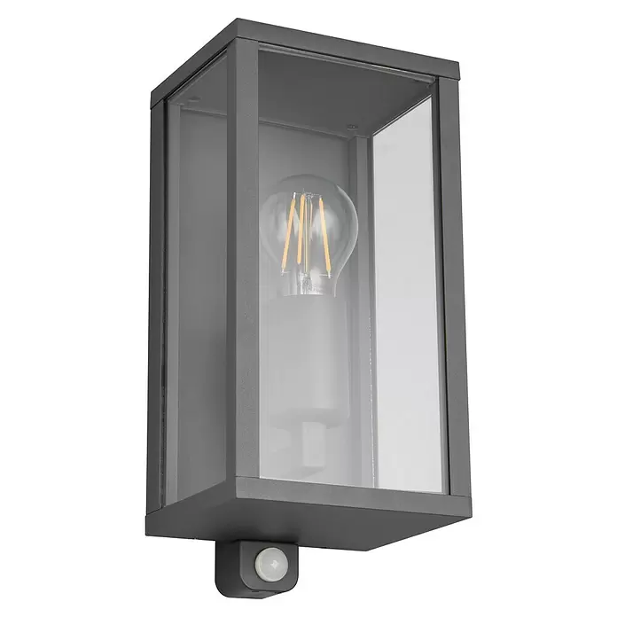 Trio Leuchten Garonne Außenwandleuchte - 60 W, L x B x H: 13,5 x 14 x 29 cm, Anthrazit, IP44, Mit Bewegungsmelder - Graue Außenwandleuchte mit Klarglas, LED-Birne und weißem Bewegungssensor.