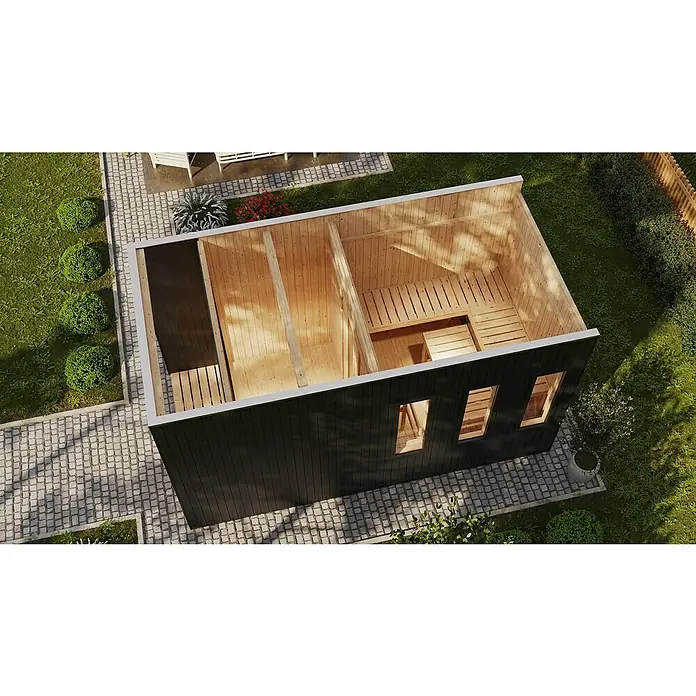 Karibu Saunahaus Miramar - L x B x H: 429 x 219,5 x 244 cm, Schwarz, 9 kW Saunaofen mit externer Steuerung - Dachansicht einer modernen Gartensauna mit Holzinterieur und schwarzer Fassade, umgeben von Pflastersteinen und Grünflächen. Perfekt für Entspannung.