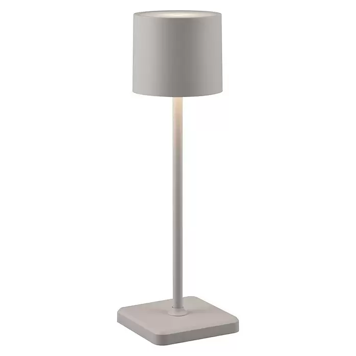 Reality Leuchten Akku-Tischleuchte FERNANDEZ - 1 W, L x B x H: 12,5 x 12,5 x 38 cm, Grau, Mehrfarbig - Eine beleuchtete graue Tischleuchte mit zylindrischem Schirm und quadratischem Fuß.
