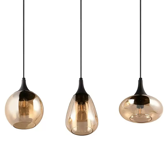 Trio Leuchten Lumina Pendelleuchte - 3 Stk., 120 W, L x B x H: 19,5 x 68,8 x 150 cm, Amber, Schwarz, E14 - Drei elegante Pendelleuchten mit bernsteinfarbenen Glasschirmen und schwarzen Aufhängeschnüren.