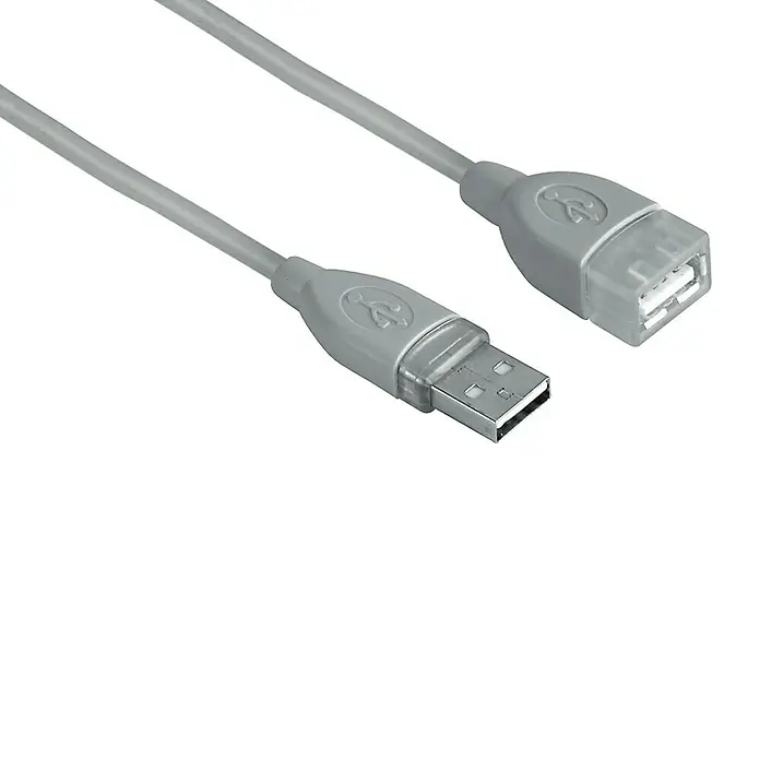 Hama USB-Verlängerungskabel - 3 m, USB A-Kupplung, USB A-Stecker - Ein graues USB-Verlängerungskabel mit einem USB-A-Stecker an einem und einer USB-A-Buchse am anderen Ende.