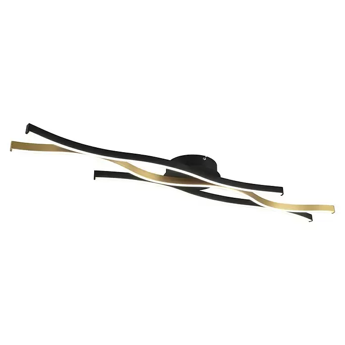 Trio Leuchten Blaze LED-Deckenleuchte - 35 W, L x B x H: 18 x 107,5 x 7 cm, Messing matt/Schwarz, Mehrfarbig - Moderne LED-Deckenleuchte mit verschlungenen schwarzen und goldenen Wellenarmen und leuchtenden LEDs.