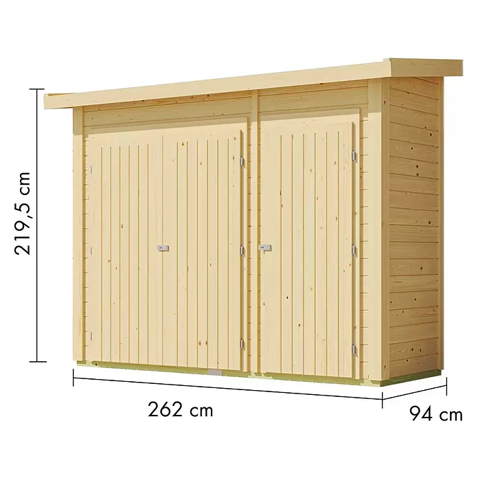 Karibu Geräteschrank - Außenbreite inkl. Dachüberstand: 291 cm, Außentiefe inkl. Dachüberstand: 110 cm, Holz, Natur - Gartenschuppen aus hellem Holz mit zwei Doppeltüren und Pultdach, 219,5x262x94 cm.
