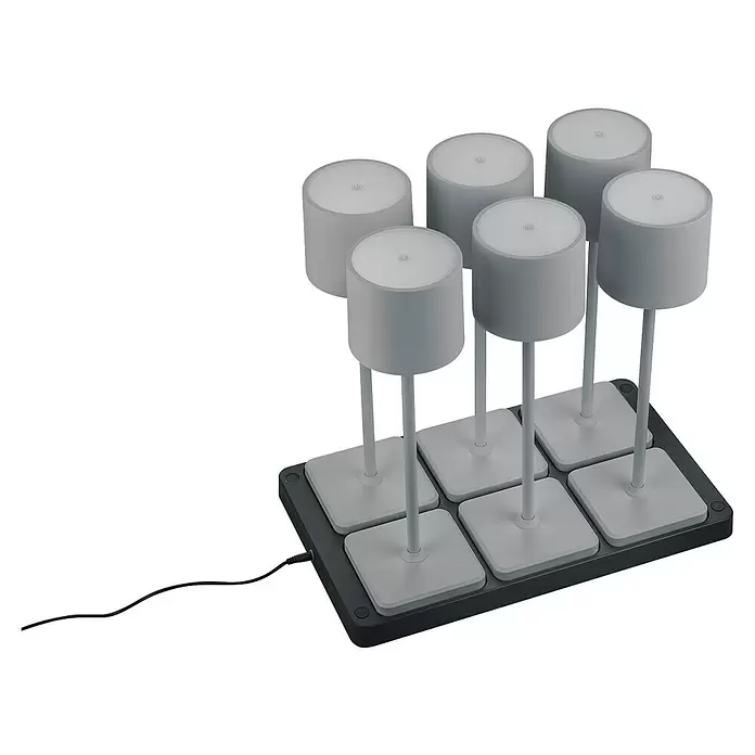 Reality Leuchten Akku-Tischleuchte FERNANDEZ + Ladestation - 6 W, L x B x H: 26 x 42,6 x 40 cm, Grau, Mehrfarbig - Sechs weiße zylindrische Lampen auf einzelnen Ständern, angedockt in einer schwarzen Ladestation mit Netzkabel.