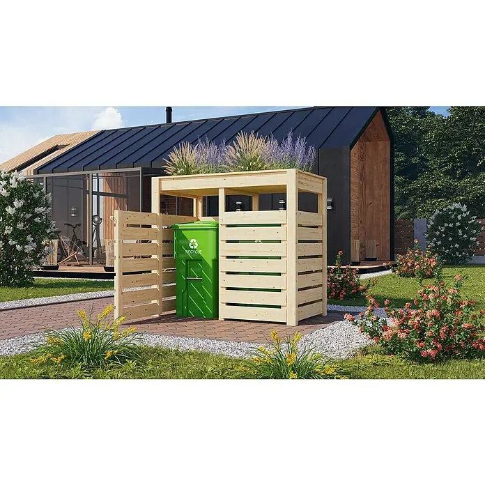 Karibu Mülltonnenverkleidung mit integriertem Hochbeet - 158,2 x 87,6 cm, Holz, Naturbelassen, Geeignet für Anzahl Mülltonnen: 2 Stk. - Der natürliche Mülltonnenunterstand fügt sich perfekt in den Garten ein und bietet eine stilvolle Lösung für die Müllentsorgung.