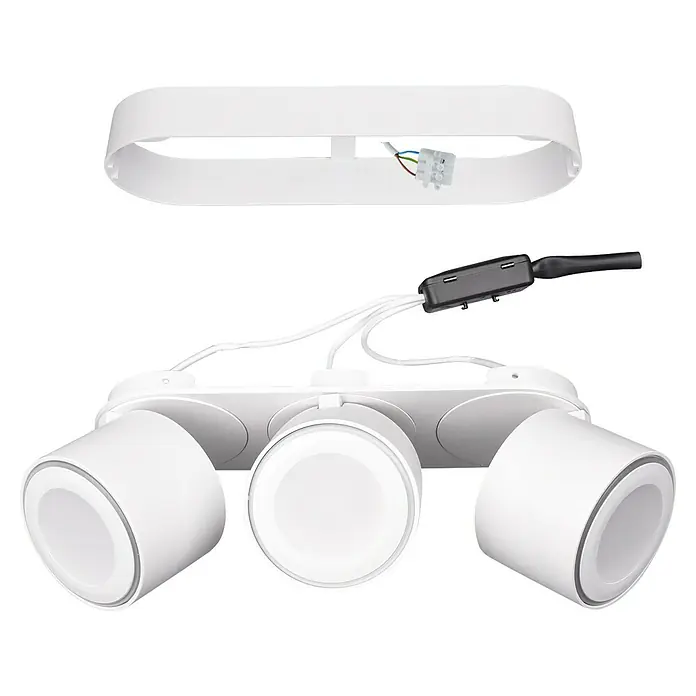 Trio Leuchten LED-Deckenstrahler Taurus - 15 W, Weiß, Warmweiß, 3 Stk. - Produktansicht einer weißen Deckenleuchte mit drei Strahlern. Die Leuchte ist zur Montage vorbereitet.