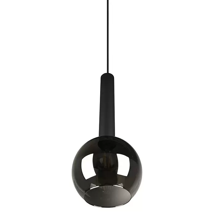 Trio Leuchten Pendelleuchte Clayton - 1 Stk., 28 W, Chrom, Schwarz, E27 - Schwarze Pendelleuchte mit zylindrischem Baldachin und Rauchglas-Kugelschirm, der eine Filamentbirne zeigt.