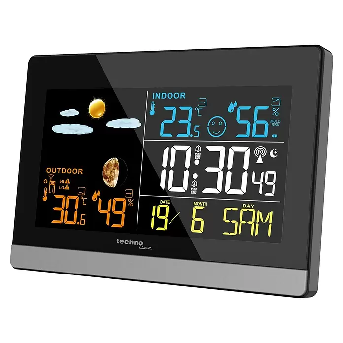 Technoline Funkwetterstation WS6455 - Digitales Display, Batteriebetrieben, Schwarz - Schwarze digitale Wetterstation mit grauem Sockel, zeigt Innen-/Außentemperatur, Luftfeuchtigkeit, Uhrzeit, Datum und Wettervorhersage an.