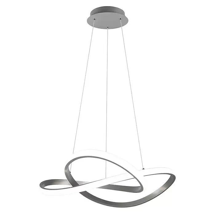 Reality Leuchten Course LED-Pendelleuchte - 27 W, Nickel, Neutralweiß - Moderne, silbergraue LED-Pendelleuchte mit ineinander verschlungenen, beleuchteten Bändern, von einer runden Deckenhalterung hängend.