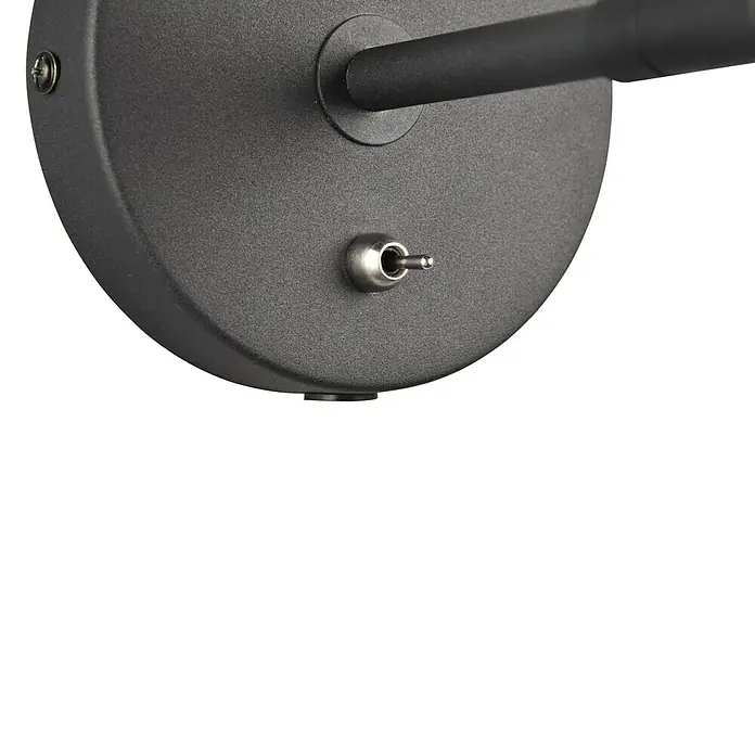 Reality Leuchten Enzo Wandleuchte - 10 W, L x B x H: 29,2 x 11,5 x 16,5 cm, Schwarz, E27 - Nahaufnahme einer eleganten, mattschwarzen Wandleuchte mit Schalter und Arm, perfekt für gezielte Beleuchtung.
