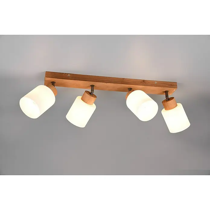 Reality Leuchten Assam Deckenstrahler - 100 W, L x B x H: 10 x 60 x 21 cm, Natur, E14, 4 Stk. - Moderne Deckenleuchte mit vier weißen Glaskörpern und Holzdetails, die eine warme und einladende Atmosphäre schafft.