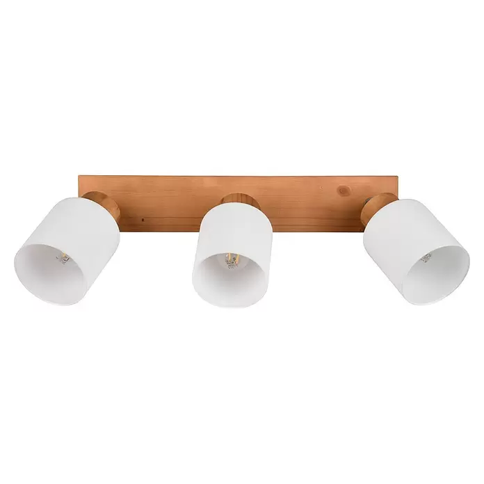 Reality Leuchten Assam Deckenstrahler - 75 W, L x B x H: 10 x 45 x 21 cm, Natur, E14, 3 Stk. - Dreiflammige Decken-/Wandlampe mit Holzsockel und drei weißen zylindrischen Strahlern.