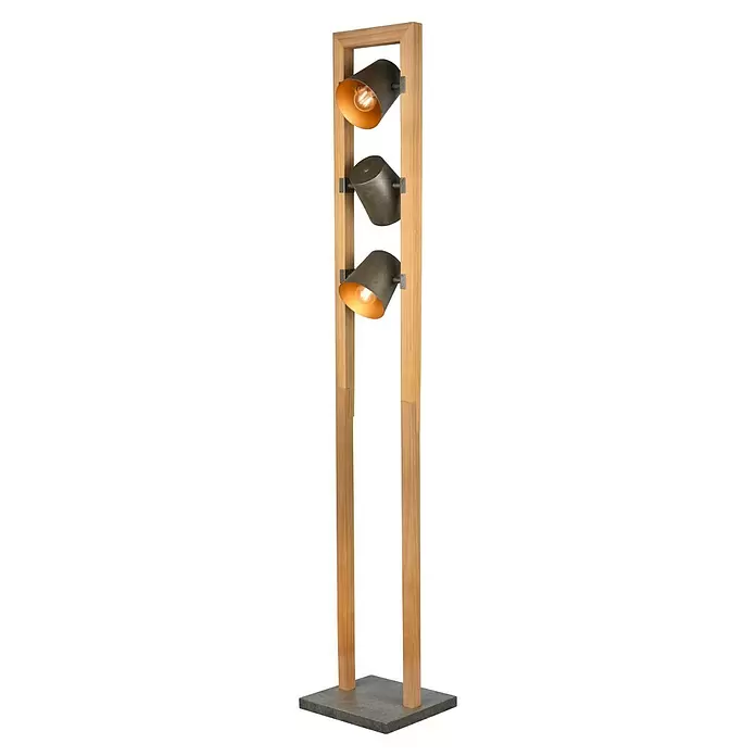 Trio Leuchten Bell Stehleuchte - 75 W, Höhe: 150 cm, Nickel-antik/Holz, E14 - Hohe Stehlampe aus Holz mit dunklem Sockel und drei verstellbaren Strahlern mit warmen Glühbirnen.