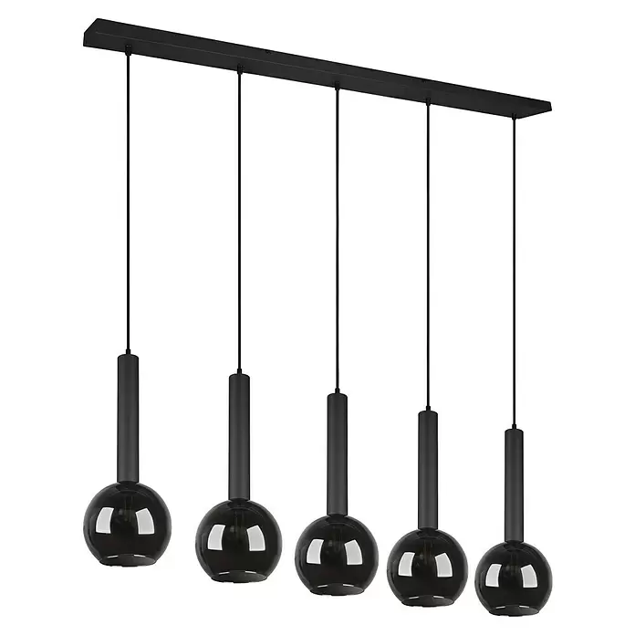 Trio Leuchten Pendelleuchte Clayton - 5 Stk., 140 W, L x B x H: 20 x 115 x 150 cm, Chrom, Schwarz, E27 - Schwarze lineare Pendelleuchte mit fünf Rauchglas-Kugel-Schirmen.