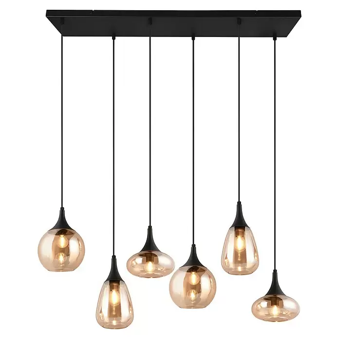 Trio Leuchten Lumina Pendelleuchte - 6 Stk., 240 W, L x B x H: 34,5 x 93,8 x 150 cm, Amber, Schwarz, E14 - Mehrflammige Deckenleuchte mit schwarzem Rechtecksockel und sechs bernsteinfarbenen Glasschirmen in verschiedenen Formen.
