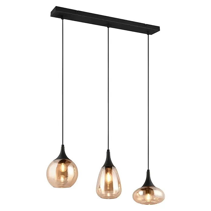 Trio Leuchten Lumina Pendelleuchte - 3 Stk., 120 W, L x B x H: 19,5 x 68,8 x 150 cm, Amber, Schwarz, E14 - Dreiflammige Pendelleuchte mit schwarzer Schiene, schwarzen konischen Akzenten und warmen bernsteinfarbenen Glasschirmen.