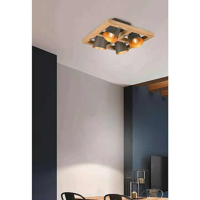 Trio Leuchten Bell Deckenleuchte - 100 W, L x B x H: 39 x 9 x 19,8 cm, Nickel-antik/Holz, E14 - Moderne Deckenleuchte mit Holzrahmen und vier verstellbaren Strahlern für eine individuelle Beleuchtung.