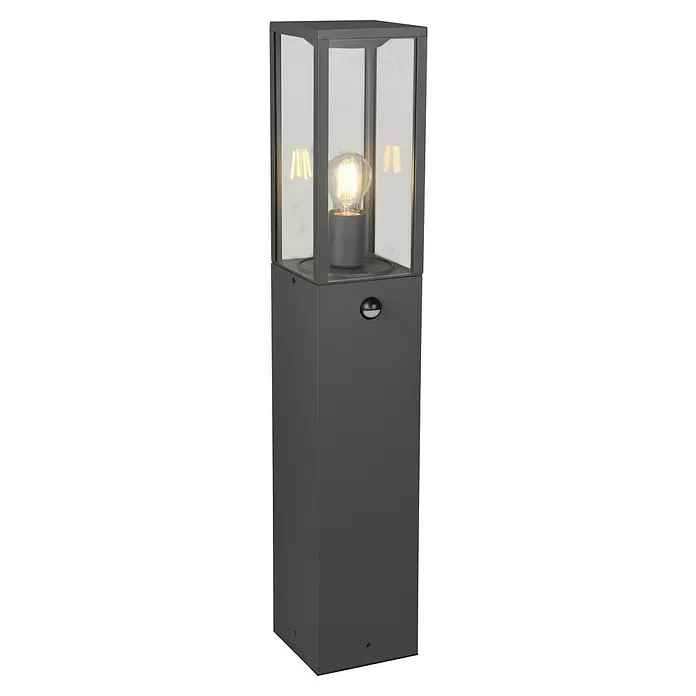 Trio Leuchten Garonne Außenwegeleuchte - 60 W, Farbe Gehäuse: Anthrazit, Ohne Leuchtmittel, Höhe: 80 cm, Mit Bewegungsmelder - Anthrazitfarbene Außenstandleuchte mit Klarglasaufsatz, sichtbarer LED-Glühbirne und integriertem Bewegungsmelder.