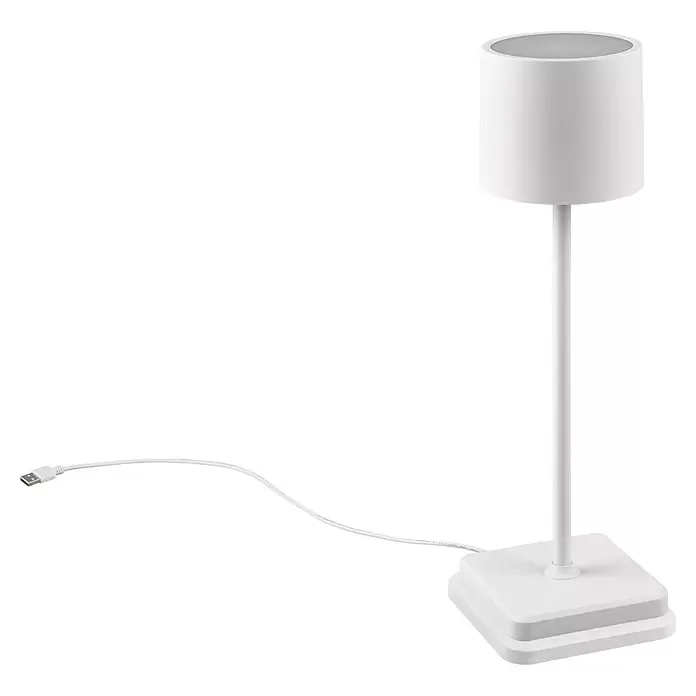 Reality Leuchten Akku-Tischleuchte FERNANDEZ - 1 W, L x B x H: 12,5 x 12,5 x 38 cm, Weiß, Mehrfarbig - Weiße Stehlampe mit zylindrischem Schirm und quadratischem Fuß, angeschlossen an ein USB-Kabel.