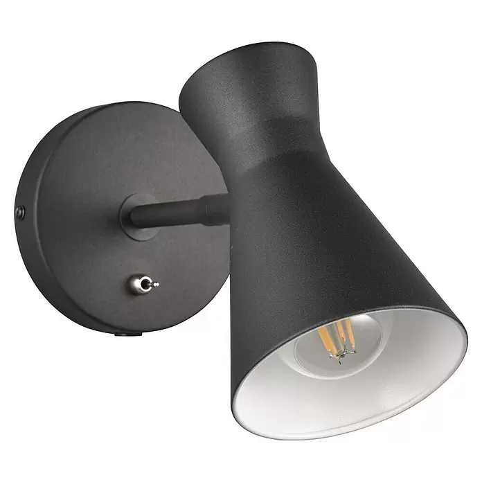 Reality Leuchten Enzo Wandleuchte - 10 W, L x B x H: 29,2 x 11,5 x 16,5 cm, Schwarz, E27 - Mattschwarze, strukturierte Wandleuchte mit weißem Inneren und sichtbarer Glühbirne.