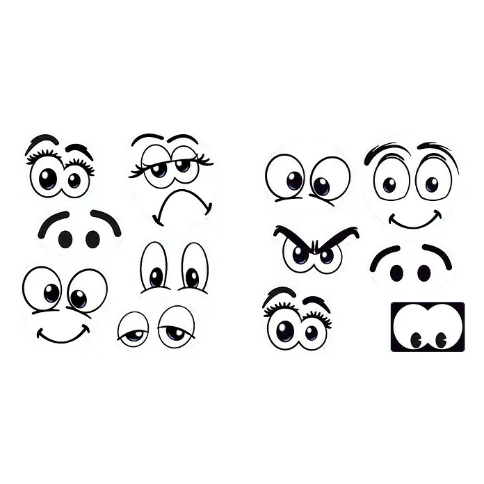 Vinilo de pared - Ojos cómicos, Negro, Plástico - Lámina de pegatinas con varias expresiones faciales de dibujos animados, ideal para decorar y personalizar objetos con diseños divertidos y expresivos.