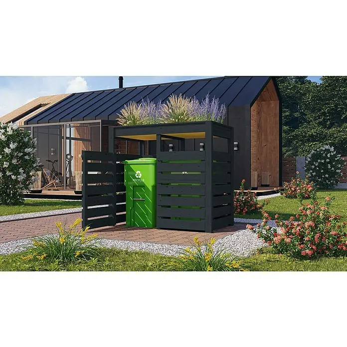 Karibu Mülltonnenbox - Holz, Anthrazit, Geeignet für Anzahl Mülltonnen: 2 Stk. - Eine dunkelgraue Lattenmülltonnenbox aus Holz mit grünem Recyclingbehälter auf einer Terrasse in einem modernen Garten.