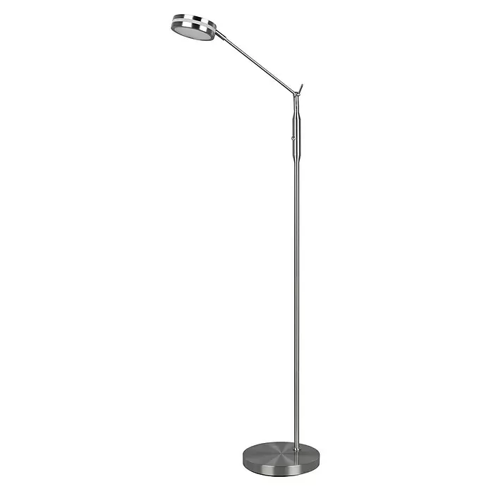 Trio Leuchten Franklin LED-Stehleuchte - 6 W, Höhe: 133 cm, Nickel, Mehrfarbig - Eine moderne Stehlampe aus gebürstetem Metall mit rundem Fuß und verstellbarem Arm, der einen runden, flachen Leuchtenkopf trägt.