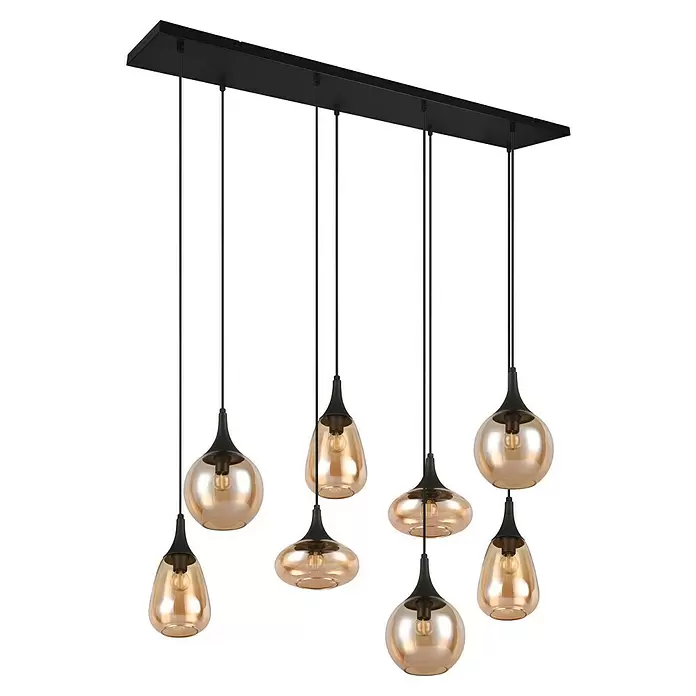 Trio Leuchten Lumina Pendelleuchte - 8 Stk., 320 W, L x B x H: 34,5 x 121 x 150 cm, Amber, Schwarz, E14 - Moderne Mehrfach-Pendelleuchte mit schwarzem rechteckigem Baldachin und verschiedenen bernsteinfarbenen Glasschirmen.