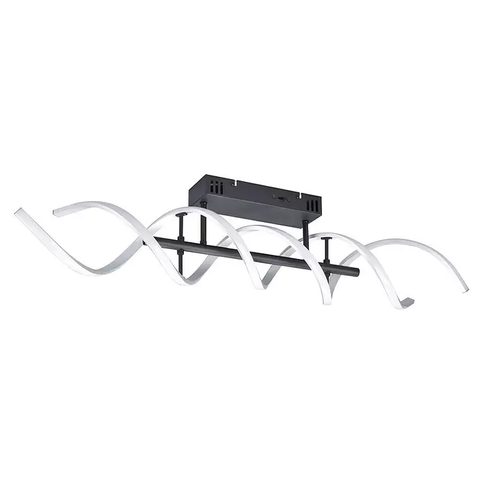 Trio Leuchten Sequence LED-Deckenleuchte - 41 W, L x B x H: 14,5 x 90 x 20,5 cm, Aluminium gebürstet/Schwarz, Mehrfarbig - Moderne schwarze Deckenleuchte mit rechteckigem Fuß und weißen, spiralförmigen LED-Lichtbändern.