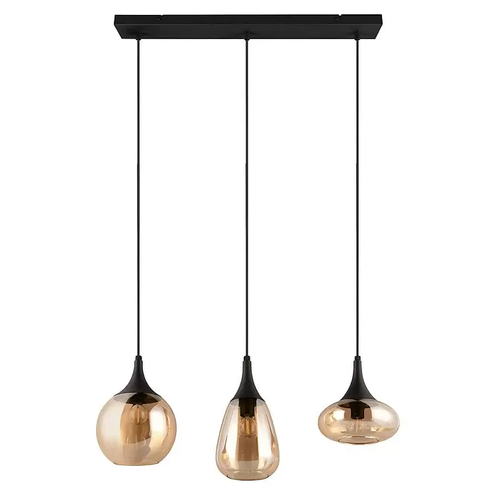 Trio Leuchten Lumina Pendelleuchte - 3 Stk., 120 W, L x B x H: 19,5 x 68,8 x 150 cm, Amber, Schwarz, E14 - Lineare Pendelleuchte mit drei bernsteinfarbenen Glasschirmen und sichtbaren Edison-Glühbirnen, aufgehängt an einer schwarzen Stange.