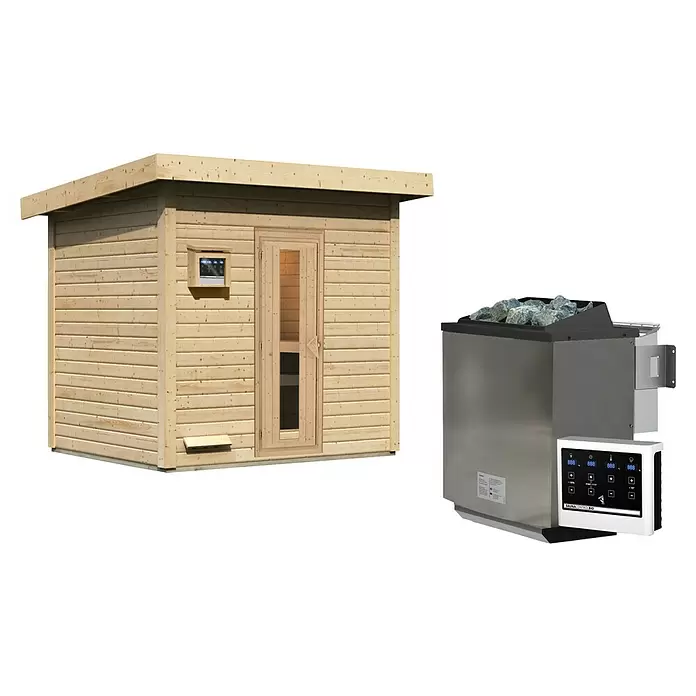 Karibu Saunahaus Hytti - 9 kW Bio-Saunaofen mit externer Steuerung, L x B x H: 196 x 231 x 228 cm, Natur - Hölzerne Saunakabine mit Glastür und separater Saunaofen aus Edelstahl mit digitalem Bedienfeld.