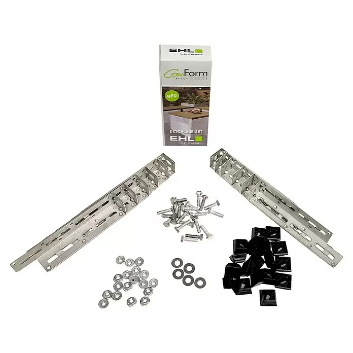 EHL Creaform Sitzbank - 190 x 67 x 45 cm, Steingrau, Beton - Beschläge-Set für Beton-Module: zwei Metallhalterungen, Schrauben, Muttern, Unterlegscheiben und schwarze Kunststoffkappen, mit Produktverpackung.