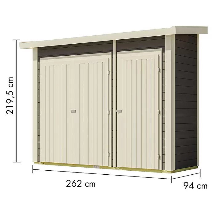 Karibu Geräteschrank - Außenbreite inkl. Dachüberstand: 291 cm, Außentiefe inkl. Dachüberstand: 110 cm, Holz, Terragrau - Gartenhaus aus Holz in Creme und Dunkelbraun mit Doppeltüren.