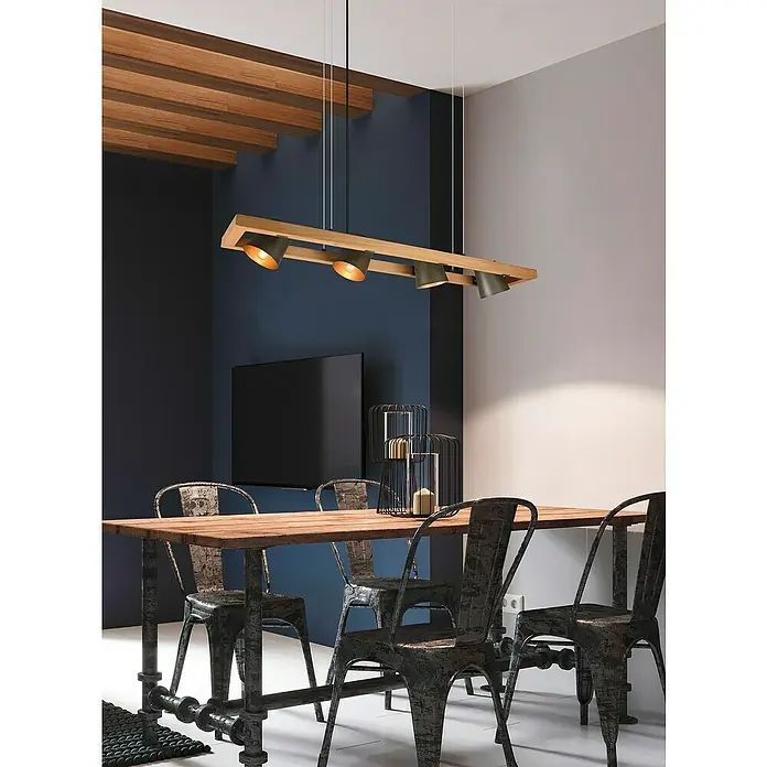 Trio Leuchten Bell Pendelleuchte - 100 W, L x B x H: 21 x 100 x 150 cm, Nickel-antik/Holz, E14 - Moderne Pendelleuchte mit Holzrahmen und verstellbaren Strahlern über einem Esstisch für stilvolle Beleuchtung.