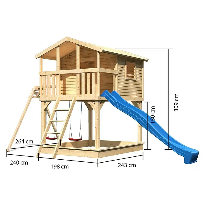 Karibu Kinderspielturm Benjamin - L x B x H: 244 x 198 x 309 cm, Naturbelassen, Mit blauer Rutsche - Holzspielhaus mit Rutsche, Klettergerüst und Sandkasten. Das Spielhaus bietet vielfältige Spielmöglichkeiten für Kinder im Garten.