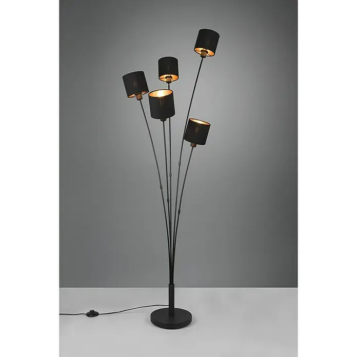 Reality Leuchten Tommy Stehleuchte - 200 W, Höhe: 163 cm, Schwarz/Gold, E14, 5 Stk. - Stehleuchte mit fünf Lampenschirmen in Schwarz, die ein warmes Licht ausstrahlen. Die Lampe steht auf einem runden, schwarzen Sockel.